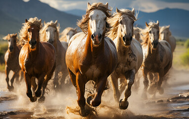 Obraz premium Wild Horse Herd Galloping Through the Rugged Wilderness