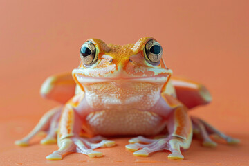A frog poses for a portrait in a studio with a solid color background during a pet photoshoot.

