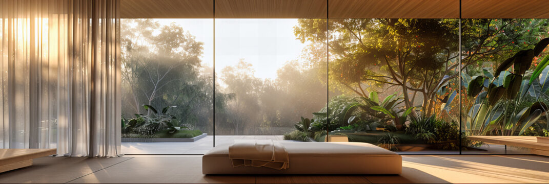 Fototapeta Modern Home Interior with Open Space Design, Comfortable White Sofa, and Sunlit Garden View, Elegant and Cozy Living