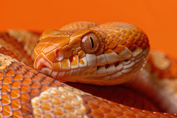 A purebred snake poses for a portrait in a studio with a solid color background during a pet photoshoot.

