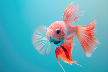 A purebred fish poses for a portrait in a studio with a solid color background during a pet photoshoot.

