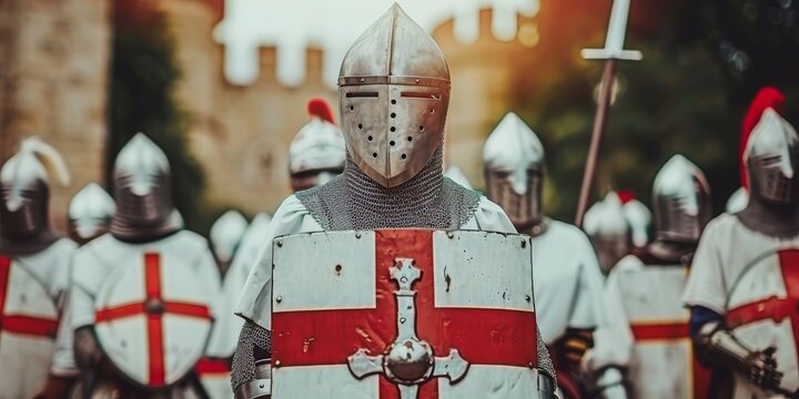 An Array of Crusader Knights in Battle Regalia, Uniting Under the Red Cross, Poised for a Historical Siege with Valor, Generative AI
