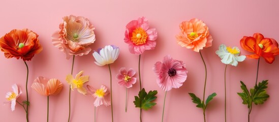 Plastic flowers set against pink backdrop.