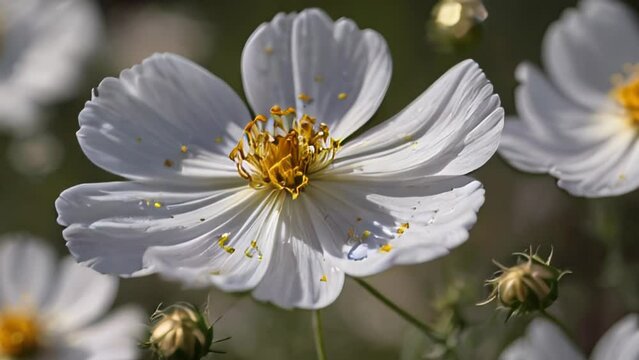 White cosmea flowers on a green background