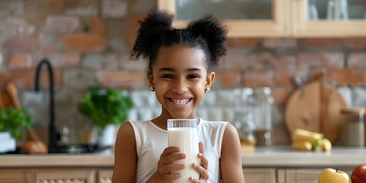 African girl in kitchen flexing muscles smiling holding glass of milk promoting health and nutrition. Concept Cooking & Healthy Eating, Kitchen Fun, Fitness Enthusiast, Milk Promotion