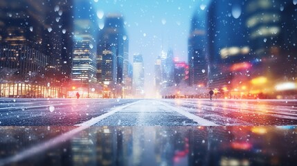 Obraz premium Smooth blurred city light at night with snow fall. Snowflakes falling during winter season.