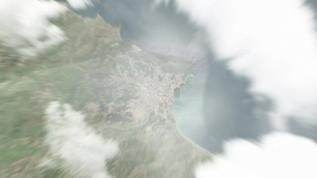 Earth zoom in from space to Bejaia, Algeria. Followed by zoom out through clouds and atmosphere into space. Satellite view. Travel intro. Images from NASA