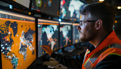 Obraz premium logistics chain of cargo movement on the interactive screen of the logistics office against the backdrop of the port