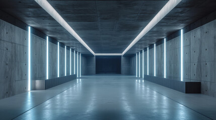 Dark concrete garage background, inside futuristic modern room or hall, underground tunnel with...