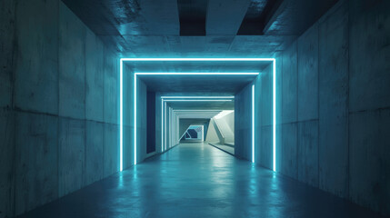 Dark concrete garage background, inside modern room or hall, underground tunnel with white led...