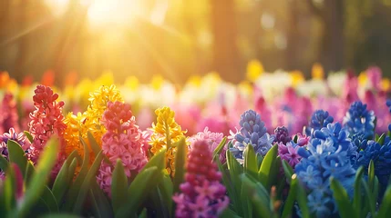Foto auf Leinwand Beautiful natural spring landscape with a colorful field of hyacinth flowers against the backdrop of forest and sun. Generative Ai © Handz