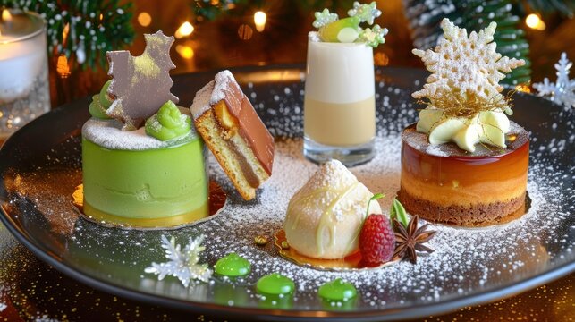 a plate topped with cakes and desserts on top of a wooden table next to a glass of milk and a candle.