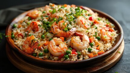 Plate with tasty fried rice and shrimps on table, closeup