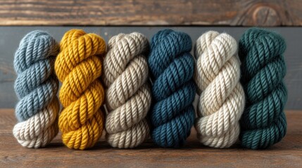 a row of multicolored skeins of yarn on top of a wooden table in front of a wooden wall.