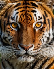Intense close-up of a tiger's face, capturing the vivid orange fur and striking stripes, with a penetrating gaze that commands attention.