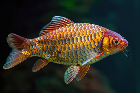 A purebred fish poses for a portrait in a studio with a solid color background during a pet photoshoot.

