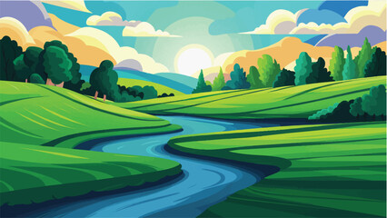 A painting depicting a river meandering through a vibrant green field