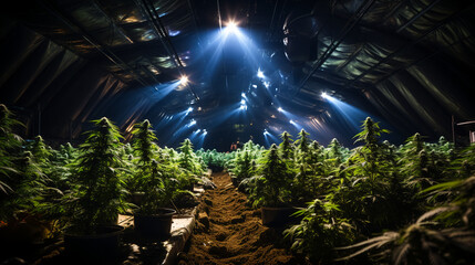 Cannabis, marijuana, plants grown in a greenhouse.  Commercial hemp farming - obrazy, fototapety, plakaty