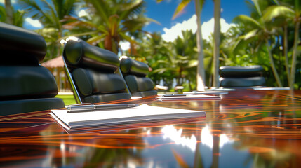 "Tropical Business Retreat","workcation",A picturesque depiction of an elegant conference table set amidst the lush greenery of resort, offering a serene yet professional backdrop for business meeting