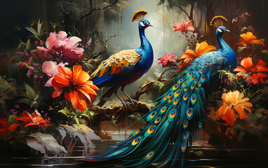 Elegant colourful peacock - obrazy, fototapety, plakaty