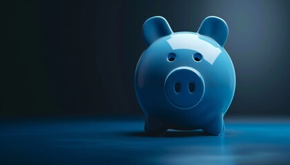 blue piggy bank on black background, concept image saving money