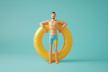 cute cartoon character with a rubber pool ring on vacation.. 3D render style - 769138911