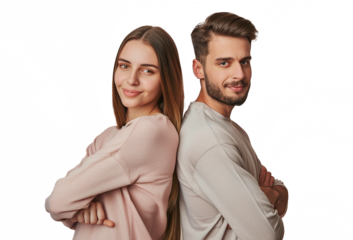 portrait couple standing back to back isolated against transparent background smiling