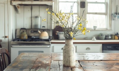 An old farmhouse kitchen with a simple enamel vase with yellow wild flowers
