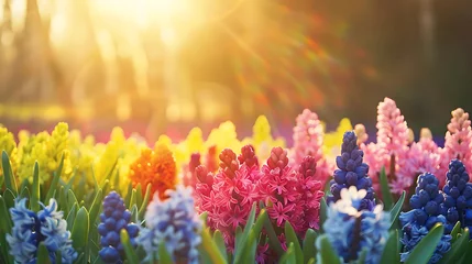 Fototapete Beautiful natural spring landscape with a colorful field of hyacinth flowers against the backdrop of forest and sun. Generative Ai © Handz
