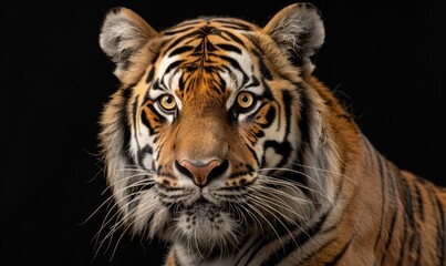 Close-up of a Bengal-Siberian tiger hybrid in studio lighting, tiger on black background - obrazy, fototapety, plakaty