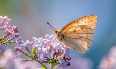 Close-up of a butterfly resting on lilac blossoms