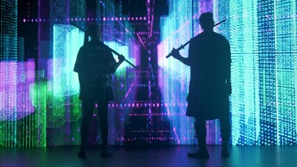 People against big digital wall in studio. Man and woman with japanese swords katanas stand in...
