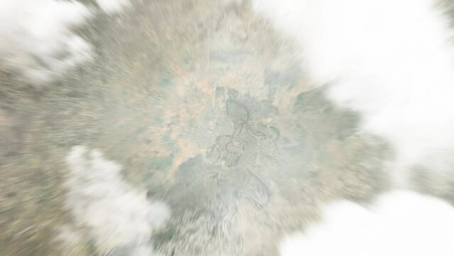 Earth zoom in from space to Diffa, Niger. Followed by zoom out through clouds and atmosphere into space. Satellite view. Travel intro. Images from NASA