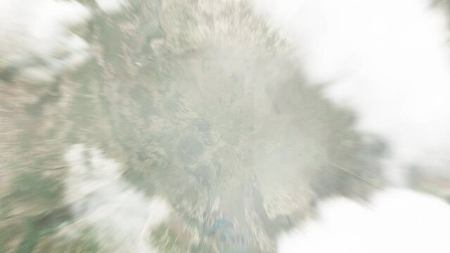 Earth zoom in from space to Doba, Chad. Followed by zoom out through clouds and atmosphere into space. Satellite view. Travel intro. Images from NASA