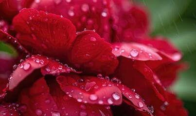 Close-up of a red peony with raindrops glistening on its petals