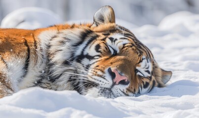 Close-up of a Siberian tiger resting in the snow