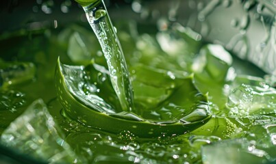Close-up of aloe vera gel being extracted and blended with botanical oils and essences - obrazy, fototapety, plakaty