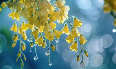 Close-up of dew-covered laburnum flowers in the early morning - obrazy, fototapety, plakaty