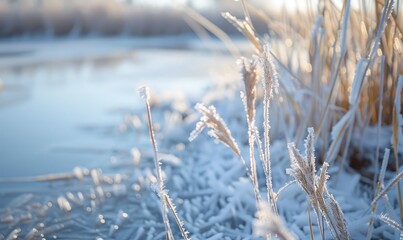 Close-up of frosty reeds along the edge of a frozen lake - Powered by Adobe