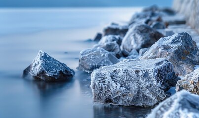 Close-up of frost-covered rocks along the edge of a frozen lake - obrazy, fototapety, plakaty