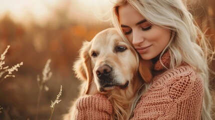 Blonde Woman in Peach Sweater, Cradling a Dog Generative AI