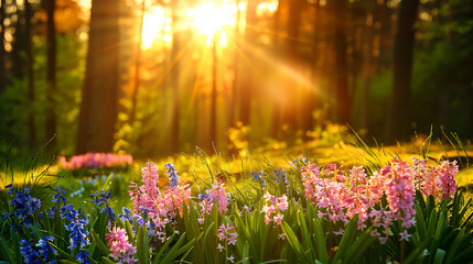 Beautiful natural spring landscape with a colorful field of hyacinth flowers against the backdrop of forest and sun. Generative Ai
