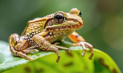 Fototapeta premium Close-up of Rana arvalis perched on a leaf