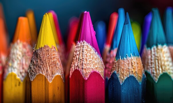 Close-up of sharpened colored pencils in a holder