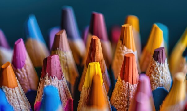Close-up of sharpened colored pencils in a holder