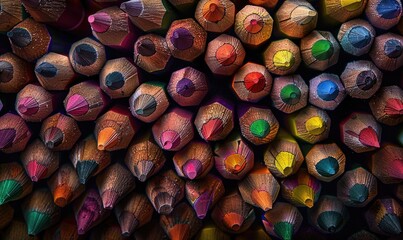 Close-up of a bunch of colored pencils, abstract background with colored pencils macro view - Powered by Adobe