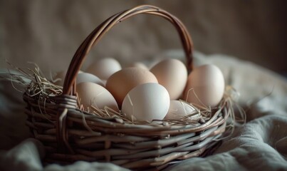 Eggs arranged in a wicker basket - obrazy, fototapety, plakaty