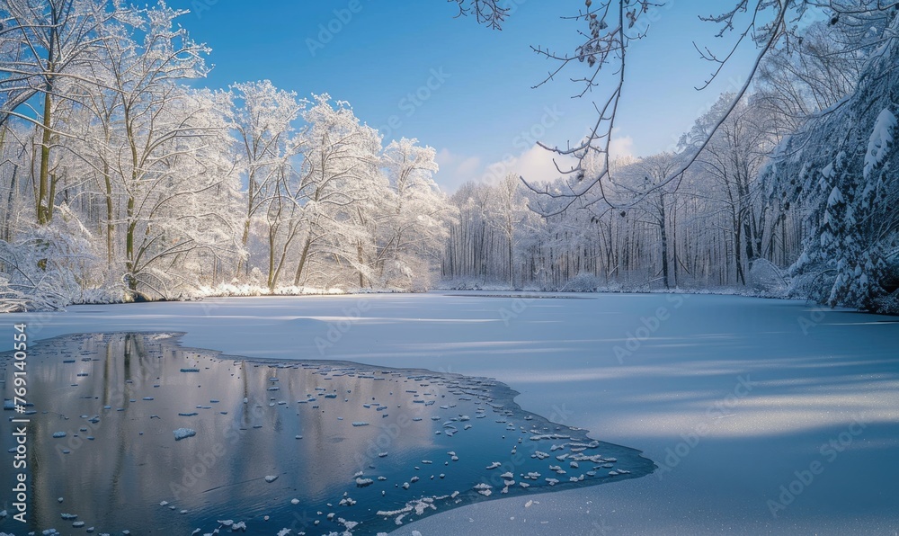 Wall mural A winter landscape with a frozen lake and snow-covered forest