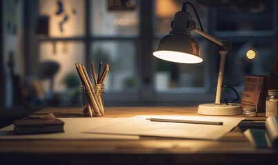 Graphite pencils and white paper illuminated by the soft glow of a desk lamp