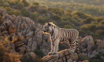 Fototapeta premium A white tiger standing tall on a rocky outcrop